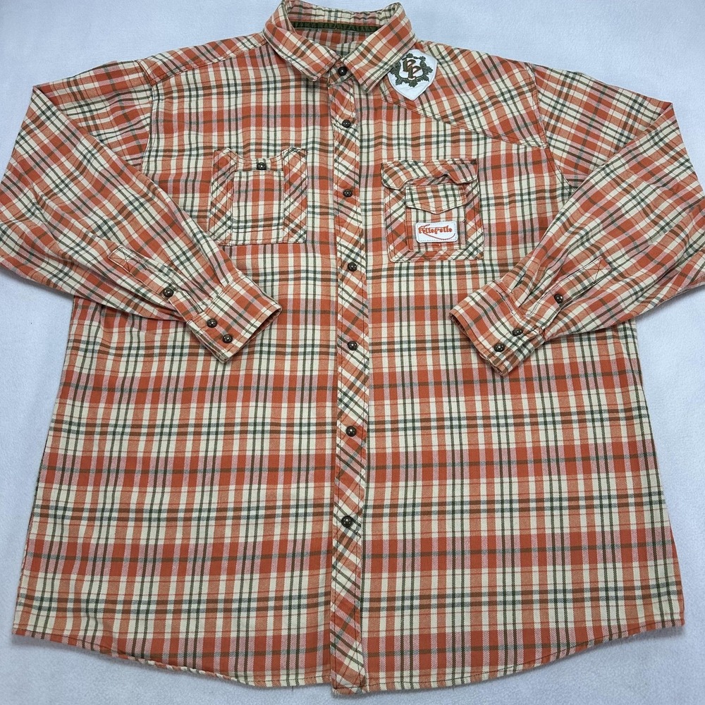 Pelle Pelle Shirt Mens 2XL Orange Plaid Long Sleeve Snap Button Embroidered Y2K